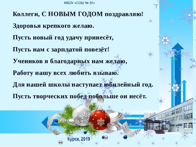 Коллеги, С НОВЫМ ГОДОМ поздравляю! Здоровья крепкого желаю. Пусть новый год удачу принесёт, Пусть нам с зарплатой повезёт! Учеников я благодарных нам желаю, Работу нашу всех любить взываю. Для нашей школы наступает юбилейный год. Пусть творческих побед побольше он несёт.  