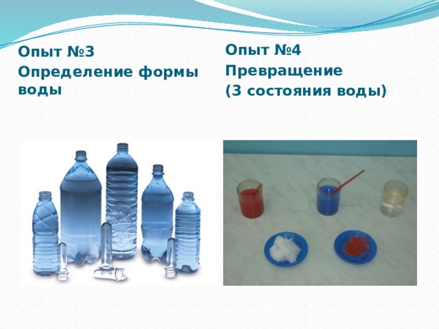 Опыт №3 Опыт №4 Определение формы воды Превращение (3 состояния воды) 