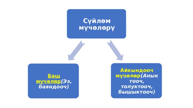 Сүйлөм мүчөлөрү Айкындооч мүчөлөр (Аныктооч, толуктооч, бышыктооч) Баш мүчөлөр (Ээ, баяндооч) 