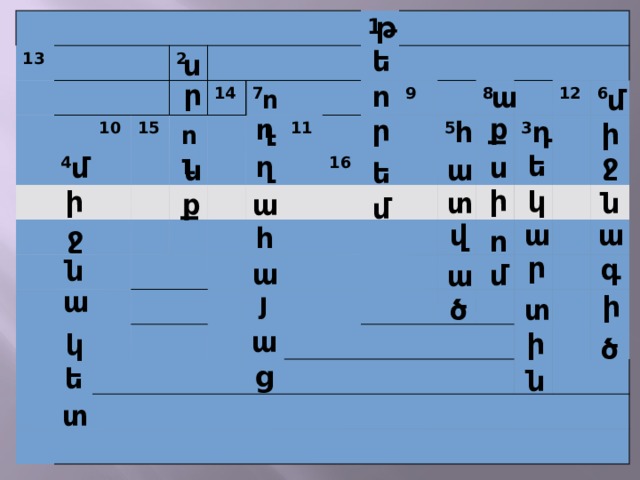 թ 13 2 10 4 15 14 7 1 11 9 16 8 5 12 3 6 ե ս ր ո ա մ ու ք ղ ր դ հ ի ու ջ ե ղ մ ս ա ն ե ի ի կ տ ն ք ա մ ա ա վ ջ հ ո ր գ ն ա մ ա ա յ ի ծ տ ա ի կ ծ ց ե ն տ 