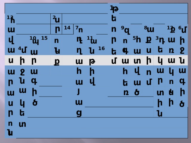 թ 13 4 10 2 15 14 7 1 11 9 16 8 5 12 3 6 ե ս հ ր ո ա ք ա մ զ ու ք ղ ր վ ա դ հ ի ու ու պ ա ջ գ ե ա ղ ռ մ ս ա ն ն ե ա ի ր ս ա ի կ տ թ ն ա ք մ ա ա ա վ ջ ի կ հ ա հ ա ո ր գ գ ն վ ր ա մ ու ա ե ա յ ի ի ռ ս ծ տ ա ի ա ի ծ կ ս ծ ր ց ե ն տ ու ն 