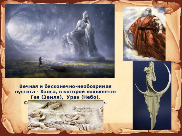 Вечная и бесконечно-необозримая пустота - Хаоса, в которой появляется Гея (Земля), Уран (Небо), Селена(Луна) и многие другие. 