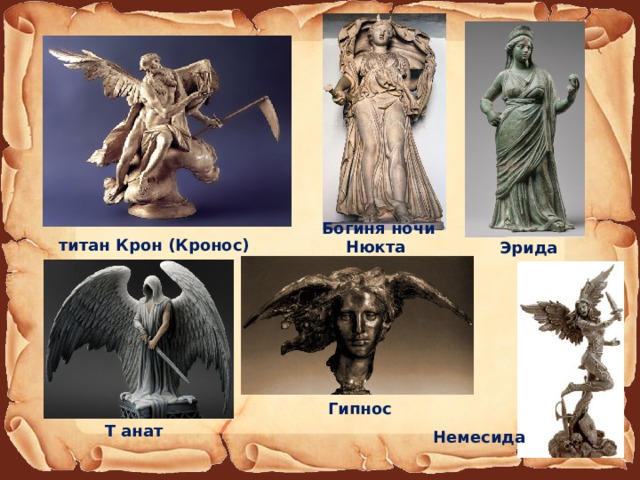 Богиня ночи Нюкта титан Крон (Кронос) Эрида Гипнос Т анат Немесида 