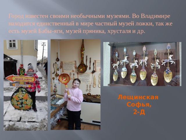 Город известен своими необычными музеями. Во Владимире находится единственный в мире частный музей ложки, так же есть музей Бабы-яги, музей пряника, хрусталя и др. Лещинская Софья, 2-Д 