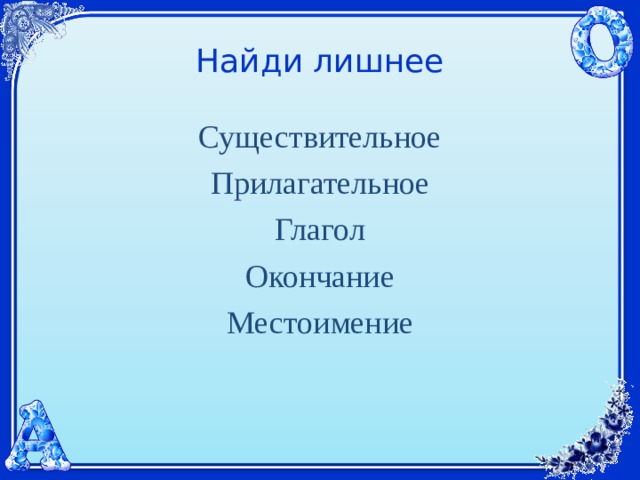 Найди лишнее Существительное Прилагательное Глагол Окончание Местоимение 