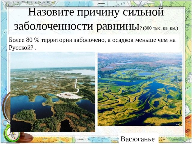 Назовите причину сильной заболоченности равнины ? (800 тыс. кв. км.) Более 80 % территории заболочено, а осадков меньше чем на Русской? . Васюганье 