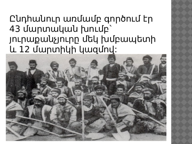 Ընդհանուր առմամբ գործում էր 43 մարտական խումբ` յուրաքանչյուրը մեկ խմբապետի և 12 մարտիկի կազմով: 