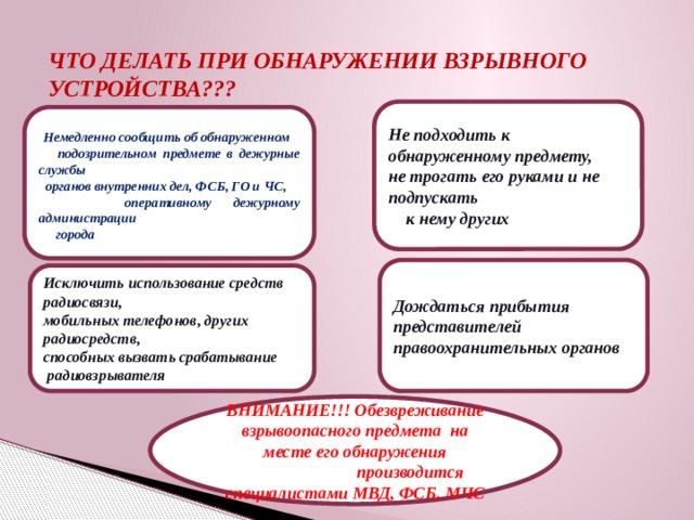 ЧТО ДЕЛАТЬ ПРИ ОБНАРУЖЕНИИ ВЗРЫВНОГО УСТРОЙСТВА??? Не подходить к обнаруженному предмету, не трогать его руками и не подпускать  к нему других  Немедленно сообщить об обнаруженном  подозрительном предмете в дежурные службы  органов внутренних дел, ФСБ, ГО и ЧС,  оперативному дежурному администрации  города Дождаться прибытия представителей правоохранительных органов Исключить использование средств радиосвязи, мобильных телефонов, других радиосредств, способных вызвать срабатывание  радиовзрывателя ВНИМАНИЕ!!! Обезвреживание взрывоопасного предмета на месте его обнаружения  производится специалистами МВД, ФСБ, МЧС 