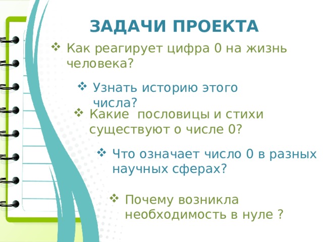  Задачи проекта Как реагирует цифра 0 на жизнь человека? Узнать историю этого числа? Какие пословицы и стихи существуют о числе 0? Что означает число 0 в разных научных сферах? Почему возникла необходимость в нуле ? 