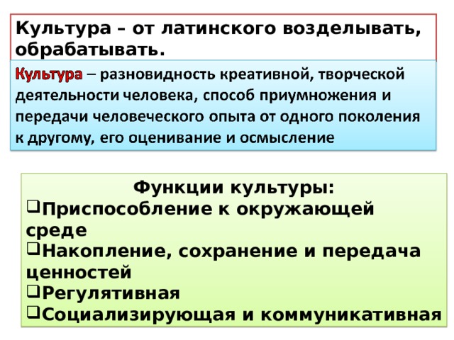 Культура – от латинского возделывать, обрабатывать. Функции культуры: Приспособление к окружающей среде Накопление, сохранение и передача ценностей Регулятивная Социализирующая и коммуникативная 