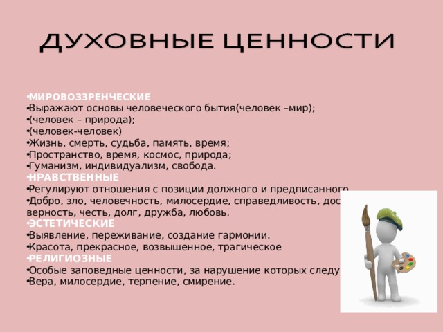 МИРОВОЗЗРЕНЧЕСКИЕ Выражают основы человеческого бытия(человек –мир); (человек – природа); (человек-человек) Жизнь, смерть, судьба, память, время; Пространство, время, космос, природа; Гуманизм, индивидуализм, свобода. НРАВСТВЕННЫЕ Регулируют отношения с позиции должного и предписанного Добро, зло, человечность, милосердие, справедливость, достоинство, верность, честь, долг, дружба, любовь. ЭСТЕТИЧЕСКИЕ Выявление, переживание, создание гармонии. Красота, прекрасное, возвышенное, трагическое РЕЛИГИОЗНЫЕ Особые заповедные ценности, за нарушение которых следует воздаяние. Вера, милосердие, терпение, смирение. 