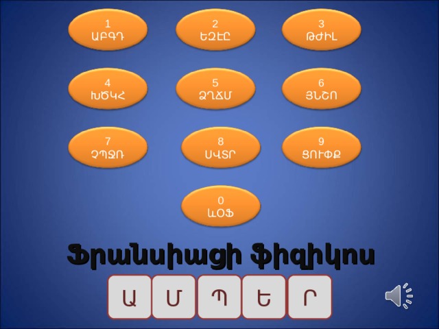 1 ԱԲԳԴ 2 ԵԶԷԸ 3 ԹԺԻԼ 4 ԽԾԿՀ 6 ՅՆՇՈ 5 ՁՂՃՄ 7 ՉՊՋՌ 8 ՍՎՏՐ 9 ՑՈՒՓՔ 0 ևՕՖ Ֆրանսիացի ֆիզիկոս Մ Պ Ե Ր 5 Ա 1 7 8 2 