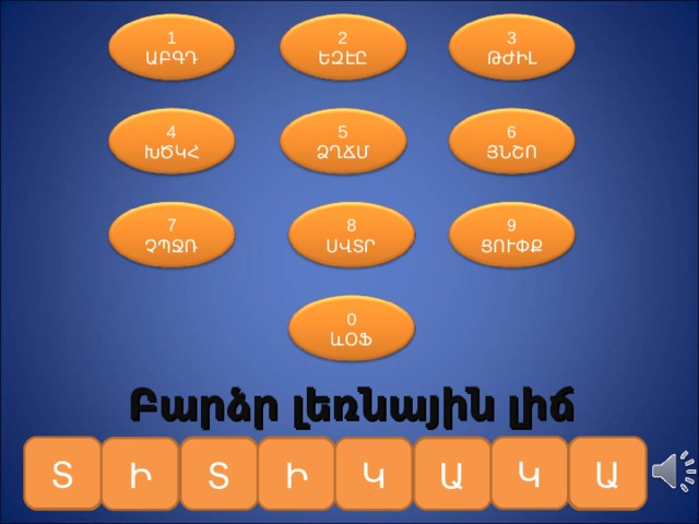 2 ԵԶԷԸ 3 ԹԺԻԼ 1 ԱԲԳԴ 6 ՅՆՇՈ 5 ՁՂՃՄ 4 ԽԾԿՀ 7 ՉՊՋՌ 8 ՍՎՏՐ 9 ՑՈՒՓՔ 0 ևՕՖ Բարձր լեռնային լիճ 1 Կ Տ 4 Ա 3 8 4 8 3 Ի Տ Ի Կ Ա 1 