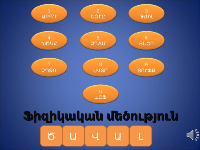 2 ԵԶԷԸ 3 ԹԺԻԼ 1 ԱԲԳԴ 4 ԽԾԿՀ 5 ՁՂՃՄ 6 ՅՆՇՈ 7 ՉՊՋՌ 9 ՑՈՒՓՔ 8 ՍՎՏՐ 0 ևՕՖ Ֆիզիկական մեծություն Ծ Ա Վ Ա 8 4 3 1 1 Լ 