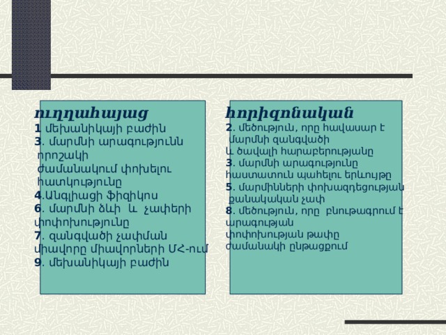 ուղղահայաց հորիզոնական  1 մեխանիկայի բաժին 3 . մարմնի արագությունն  որոշակի  ժամանակում փոխելու  հատկությունը 4 .Անգլիացի ֆիզիկոս 6 . մարմնի ձևի և չափերի փոփոխությունը 7 . զանգվածի չափման միավորը միավորների ՄՀ-ում 9 . մեխանիկայի բաժին 2 . մեծություն, որը հավասար է  մարմնի զանգվածի և ծավալի հարաբերությանը 3 . մարմնի արագությունը հաստատուն պահելու երևույթը 5 . մարմինների փոխազդեցության  քանակական չափ 8 . մեծություն, որը բնութագրում է արագության փոփոխության թափը ժամանակի ընթացքում 