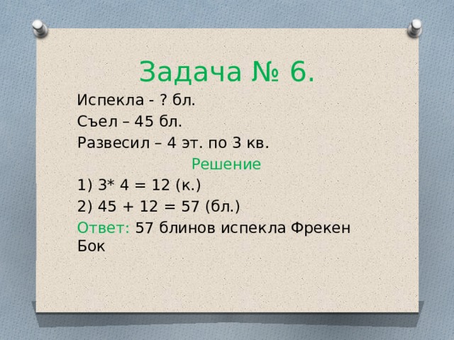Задача № 6. Испекла - ? бл. Съел – 45 бл. Развесил – 4 эт. по 3 кв. Решение 1) 3* 4 = 12 (к.) 2) 45 + 12 = 57 (бл.) Ответ: 57 блинов испекла Фрекен Бок 