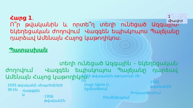 1 միավոր Հարց 1 . Ո՞ր թվականին և որտե՞ղ տեղի ունեցած Ազգային-եկեղեցական ժողովում Վազգեն եպիսկոպոս Պալճյանը դարձավ Ամենայն Հայոց կաթողիկոս։  Պատասխան  տեղի ունեցած Ազգային – եկեղեցական ժողովում Վազգեն եպիսկոպոս Պալճյանը դարձավ Ամենայն Հայոց կաթողիկոս։ 1855 թվականին օգոստոսի 20-ին 1945 թվականին Մայր Աթոռ Ս․ Էջմիածնում 1955 թվականի սեպտեմբերի 30-ին Վազզգեն Ա Բուխարեստում 1956 թվականին Ռումինիայում 