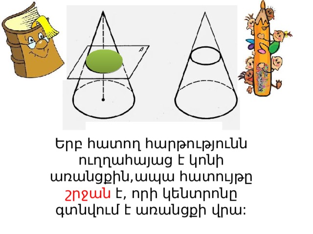 Երբ հատող հարթությունն ուղղահայաց է կոնի առանցքին,ապա հատույթը շրջան է, որի կենտրոնը գտնվում է առանցքի վրա: 