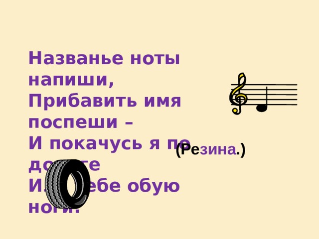 Названье ноты напиши, Прибавить имя поспеши – И покачусь я по дороге Или тебе обую ноги.  (Ре зина .) 