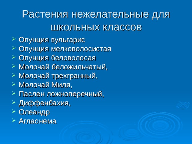 Растения нежелательные для школьных классов Опунция вульгарис Опунция мелковолосистая Опунция беловолосая Молочай беложильчатый, Молочай трехгранный, Молочай Миля, Паслен ложноперечный, Диффенбахия, Олеандр Аглаонема 