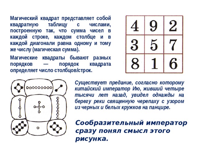 Магический квадрат представляет собой квадратную таблицу с числами, построенную так, что сумма чисел в каждой строке, каждом столбце и в каждой диагонали равна одному и тому же числу (магическая сумма). Магические квадраты бывают разных порядков — порядок квадрата определяет число столбцов/строк. Существует предание, согласно которому китайский император Ию, живший четыре тысячи лет назад, увидел однажды на берегу реки священную черепаху с узором из черных и белых кружков на панцире. Сообразительный император сразу понял смысл этого рисунка. 