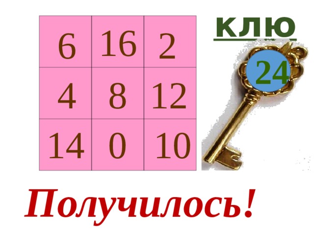 ключ 16                   6 2 24 12 8 4 14 10 0 Получилось! 