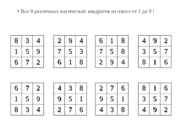Все 8 различных магических квадратов из чисел от 1 до 9 ! 4 2 6 8 9 3 9 1 1 3 7 7 2 8 2 5 8 6 4 5 6 5 4 5 1 1 9 7 7 3 8 9 6 4 2 8 4 6 8 2 3 1 9 9 7 1 3 7 6 2 5 4 5 5 5 8 8 2 6 4 7 1 1 9 9 7 3 3 8 6 4 2 