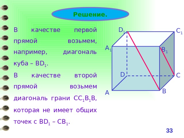 Решение. D 1 В качестве первой прямой возьмем, например, диагональ куба – BD 1 . В качестве второй прямой возьмем диагональ грани СС 1 В 1 В, которая не имеет общих точек с BD 1 – СВ 1 . C 1 А 1 B 1 D C B А 32 