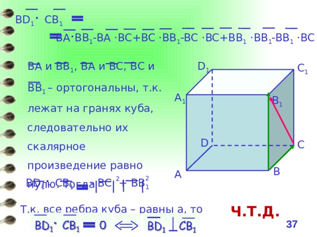 BD 1 · СВ 1   BA · BB 1 -BA ·BC+BC ·BB 1 -BC ·BC+BB 1 ·BB 1 -BB 1 ·BC D 1 BA и BB 1 , ВА и ВС, ВС и ВВ 1 – ортогональны, т.к. лежат на гранях куба, следовательно их скалярное произведение равно нулю. Тогда C 1 А 1 B 1 D C B А BD 1 · СВ 1 - BC + BB 1   2  2 Т.к. все ребра куба – равны а, то Ч.Т.Д. 36 