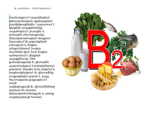   B 2  վիտամին  (ռիբոֆլավին)   Մասնակցում է օրգանիզմում կենսաբանական օքսիդացման շարժընթացներին։ Նպաստում է վերքերի ապաքինմանը, ապահովում է լուսային և գունային տեսողությունը։ Անբավարարության դեպքում նկատվում են շրթունքների չորություն և ճաքեր, անկյուններում՝ խոցեր, մատների վրա՝ խոր ճաքեր, դանդաղում է վերքերի ապաքինումը։ Մեծ քանակությամբ B 2  վիտամին պարունակվում է խմորիչներում, լյարդում, ինչպես նաև կաթում և կաթնամթերքում։ B 2  վիտամինը տաքացնելիս կայուն է, բայց հեշտությամբ քայքայվում է լույսի ազդեցությամբ։B 2  վիտամինները կարևոր են մարդու կենսագործունեության և առողջ ապրելակերպի համար։ 
