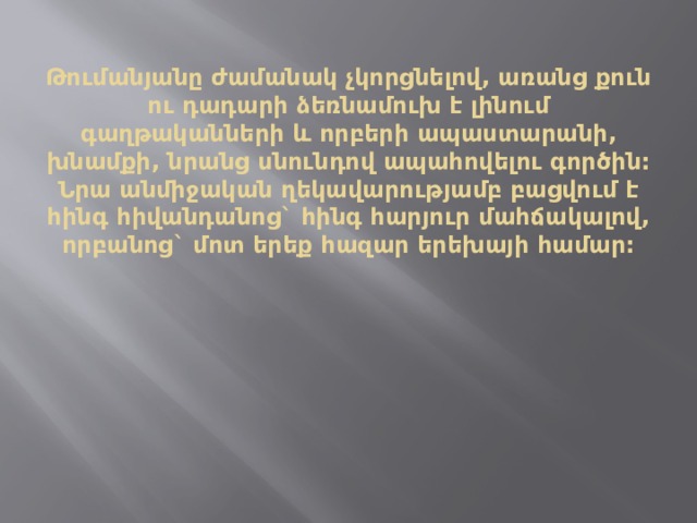Թումանյանը ժամանակ չկորցնելով, առանց քուն ու դադարի ձեռնամուխ է լինում գաղթականների և որբերի ապաստարանի, խնամքի, նրանց սնունդով ապահովելու գործին: Նրա անմիջական ղեկավարությամբ բացվում է հինգ հիվանդանոց` հինգ հարյուր մահճակալով, որբանոց` մոտ երեք հազար երեխայի համար:   