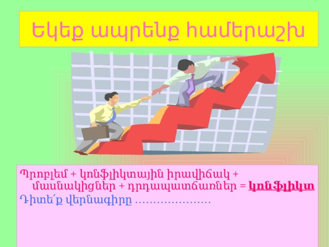 Եկեք ապրենք համերաշխ Պրոբլեմ + կոնֆլիկտային իրավիճակ + մասնակիցներ + դրդապատճառներ = կոնֆլիկտ Դիտե ՛ ք վերնագիրը …………………  