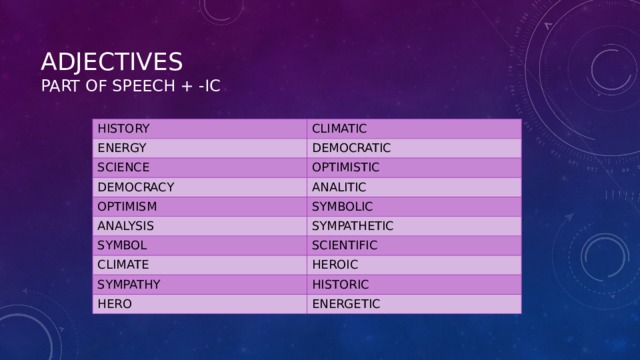 ADJECTIVES  PART OF SPEECH + -IC HISTORY CLIMATIC ENERGY DEMOCRATIC SCIENCE OPTIMISTIC DEMOCRACY ANALITIC OPTIMISM SYMBOLIC ANALYSIS SYMPATHETIC SYMBOL SCIENTIFIC CLIMATE HEROIC SYMPATHY HISTORIC HERO ENERGETIC 