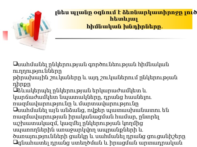 Բիզնես պլանը օգնում է ձեռնարկատիրոջը լուծել հետևյալ   հիմնական խնդիրները . սահմանել ընկերության գործունեության հիմնական ուղղությունները թիրախային շուկաները և այդ շուկաներում ընկերության դիրքը ձևակերպել ընկերության երկարաժամկետ և կարճաժամկետ նպատակները, դրանց հասնելու ռազմավարությունը և մարտավարությունը սահմանել այն անձանց, ովքեր պատասխանատու են ռազմավարության իրականացման համար, ընտրել աշխատակազմ, կազմել ընկերության կողմից սպառողներին առաջարկվող ապրանքների և ծառայությունների ցանկը և սահմանել դրանց ցուցանիշերը գնահատել դրանց ստեղծման և իրացման արտադրական և առևտրային ծախսերը 