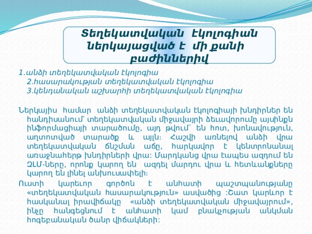 Տեղեկատվական էկոլոգիան ներկայացված է մի քանի բաժիններիվ 1․անձի տեղեկատվական էկոլոգիա  2․հասարակության տեղեկատվական էկոլոգիա  3․կենդանական աշխարհի տեղեկատվական էկոլոգիա   Ներկայիս համար անձի տեղեկատվական էկոլոգիայի խնդիրներ են հանդիսանում՝ տեղեկատվական միջավայրի ձեւավորումը այսինքն ինֆորմացիայի տարածումը, այդ թվում` են հոտ, խոնավություն, աղտոտված տարածք և այլն։ Հաշվի առնելով անձի վրա տեղեկատվական ճնշման աճը, հարկավոր է կենտրոնանալ առաջնահերթ խնդիրների վրա: Մարդկանց վրա էապես ազդում են ԶԼՄ-ները, որոնք կարող են ազդել մարդու վրա և հետևանքները կարող են լինել անխուսափելի։ Ուստի կարեւոր գործոն է անհատի պաշտպանությանը «տեղեկատվական հասարակություն» ասվածից :Շատ կարևոր է հասկանալ իրավիճակը «անձի տեղեկատվական միջավայրում», ինչը հանգեցնում է անհատի կամ բնակչության անկման հոգեբանական ծանր վիճակների: 