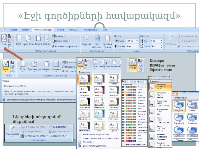 «Էջի գործիքների հավաքակազմ» Кольори теми Шрифти теми Ефекти теми Նկարների տեղադրման տեքստում 