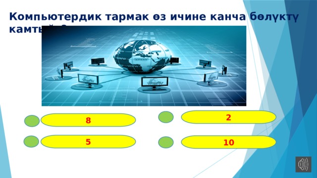 Компьютердик тармак өз ичине канча бөлүктү камтыйт? 2 8 5 10 