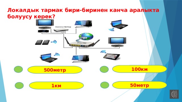 Локалдык тармак бири-биринен канча аралыкта болуусу керек? 100км 500метр 50метр 1км 