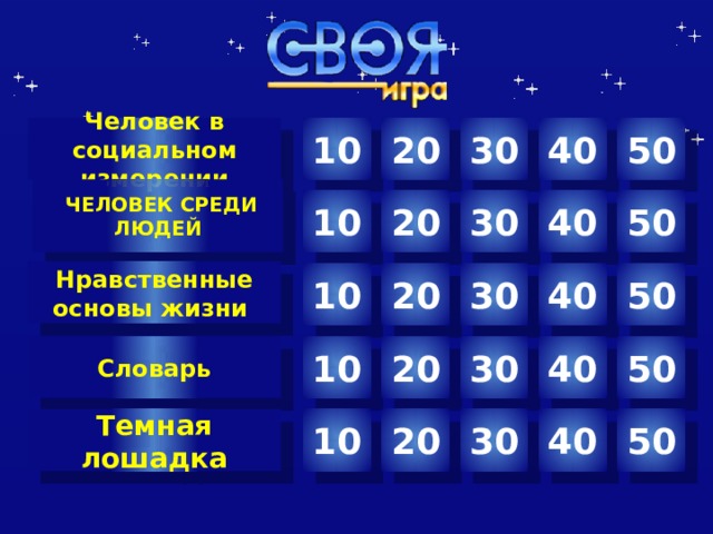 10 Человек в социальном измерении 30 40 50 20  человек среди людей 40 50 30 20 10 Нравственные основы жизни 20 30 40 50 10 Словарь 20 40 50 30 10 20 30 40 50 10 Темная лошадка  