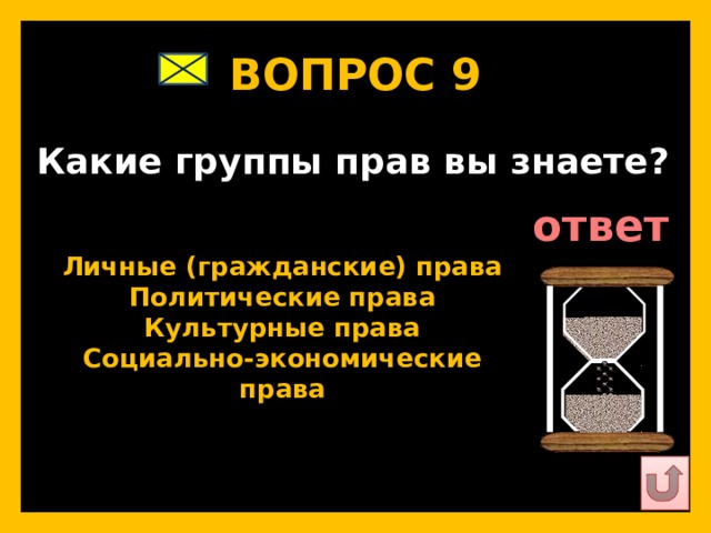 ВОПРОС 9   Какие группы прав вы знаете?   ответ   Личные (гражданские) права Политические права Культурные права Социально-экономические права   