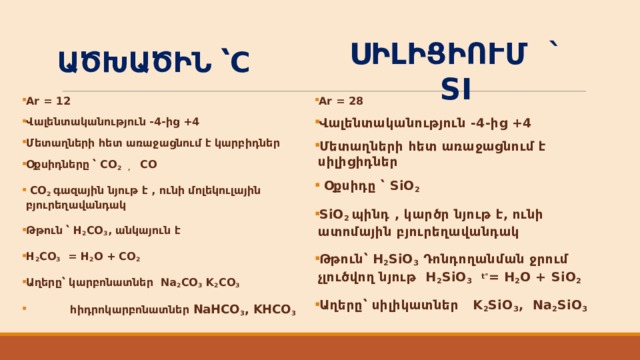 Ածխածին ՝C  Սիլիցիում ` Si Ar = 28 Վալենտականություն -4-ից +4 Մետաղների հետ առաջացնում է սիլիցիդներ  Օքսիդը ՝ SiO 2 SiO 2 պինդ , կարծր նյութ է, ունի ատոմային բյուրեղավանդակ  Թթուն՝ H 2 SiO 3  Դոնդողանման ջրում չլուծվող նյութ H 2 SiO 3  t° = H 2 O + SiO 2   Աղերը՝ սիլիկատներ K 2 SiO 3 , Na 2 SiO 3  Ar = 12 Վալենտականություն -4-ից +4 Մետաղների հետ առաջացնում է կարբիդներ Օքսիդները ՝ CO 2 ,   CO  CO 2 գազային նյութ է , ունի մոլեկուլային բյուրեղավանդակ Թթուն ՝ H 2 CO 3 , անկայուն է H 2 CO 3 = H 2 O + CO 2   Աղերը՝ կարբոնատներ Na 2 CO 3 K 2 CO 3   հիդրոկարբոնատներ NaHCO 3 , KHCO 3  