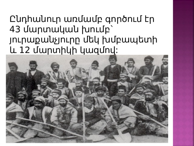 Ը նդհանուր առմամբ գործում էր 43 մարտական խումբ` յուրաքանչյուրը մեկ խմբապետի և 12 մարտիկի կազմով: 