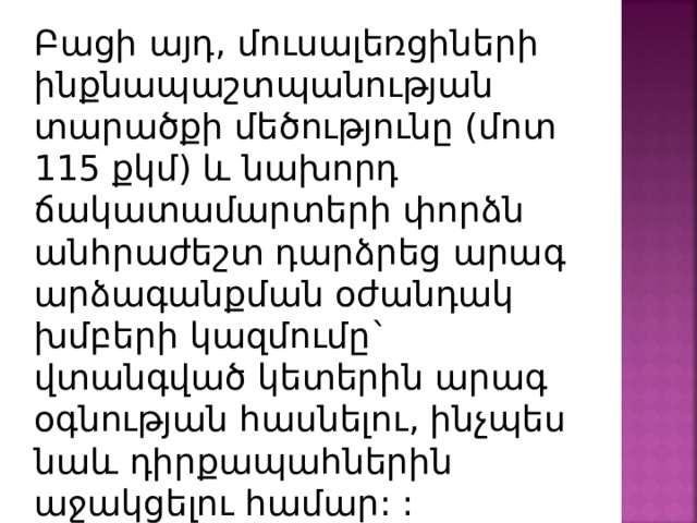 Բացի այդ, մուսալեռցիների ինքնապաշտպանության տարածքի մեծությունը (մոտ 115 քկմ) և նախորդ ճակատամարտերի փորձն անհրաժեշտ դարձրեց արագ արձագանքման օժանդակ խմբերի կազմումը` վտանգված կետերին արագ օգնության հասնելու, ինչպես նաև դիրքապահներին աջակցելու համար: : 