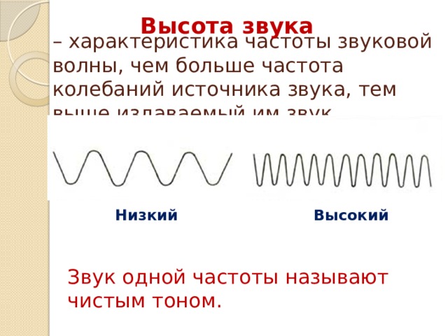 Высота звука – характеристика частоты звуковой волны, чем больше частота колебаний источника звука, тем выше издаваемый им звук. Высокий Низкий Звук одной частоты называют чистым тоном. 