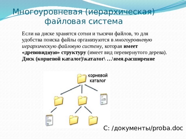 Многоуровневая (иерархическая) файловая система Если на диске хранятся сотни и тысячи файлов, то для удобства поиска файлы организуются в многоуровневую иерархическую файловую систему , которая имеет «древовидную» структуру (имеет вид перевернутого дерева). Диск (корневой каталог)\каталог\ …\имя.расширение C: /документы/proba.doc 