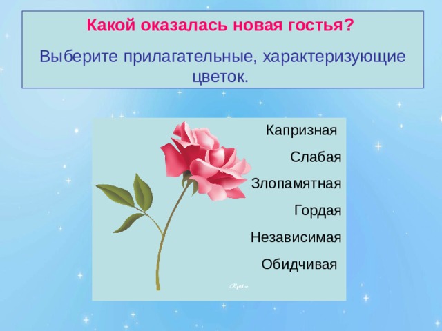 Какой оказалась новая гостья? Выберите прилагательные, характеризующие цветок. Капризная Слабая Злопамятная Гордая Независимая Обидчивая 