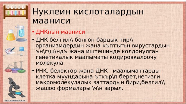 Нуклеин кислоталардын мааниси ДНКнын мааниси ДНК белгил\\ болгон бардык тир\\ организмдердин жана къптъгън вирустардын ън\г\ш\ндъ жана иштешинде колдонулган генетикалык маалыматы кодировкалоочу молекула РНК, белоктор жана ДНК маалыматтарды клетка муундарына ъткър\п берет,негизги макромолекулалык заттардын бири,белгил\\ жашоо формалары \ч\н зарыл. 