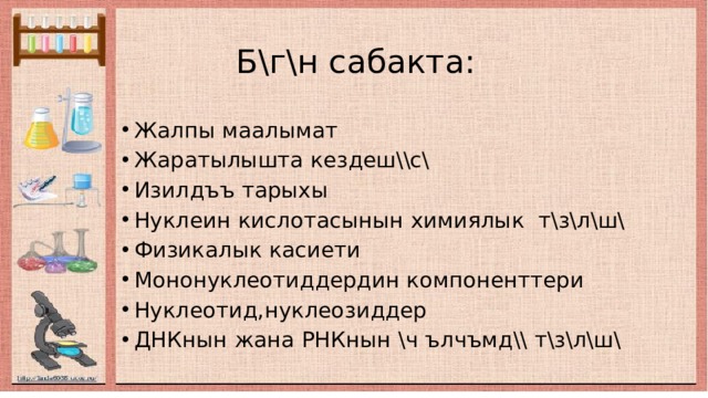  Б\г\н сабакта: Жалпы маалымат Жаратылышта кездеш\\с\ Изилдъъ тарыхы Нуклеин кислотасынын химиялык т\з\л\ш\ Физикалык касиети Мононуклеотиддердин компоненттери Нуклеотид,нуклеозиддер ДНКнын жана РНКнын \ч ълчъмд\\ т\з\л\ш\ 