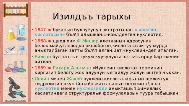  Изилдъъ тарыхы 1847-ж буканын булчуёунун экстратынан « ионазин кислотасын» бъл\п алышкан.1-изилденген нуклеотид. 1868-ж щвед хим. Ф.Мишер клетканын ядросунан белок,май,углеводко окшобогон,кислота сыяктуу мурда аныкталбаган затты бъл\п алган.Зат «нуклеин»деп аталган. Уилсон бул заттын тукум куучулукта ъзгъчъ орду бар экенин айткан. 1889-ж  Рихард Альтман «Нуклеин кислота» терминин киргизип,белогу жок алуунун ыёгайлуу жолун иштеп чыккан. Левин менен Жакоб нуклеин кислоталарынын щелочтук гидролизин окуп \йрън\п жатып,анын негизин т\згън нуклеотид менен нуклеозидди аныкташып,химиялык касиетиндеги структуралык формулаларын туура табышкан. 