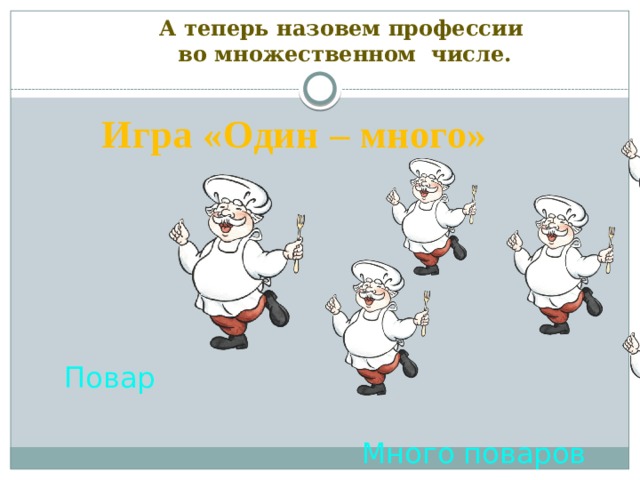 А теперь назовем профессии  во множественном числе. Игра «Один – много» Повар Много поваров 
